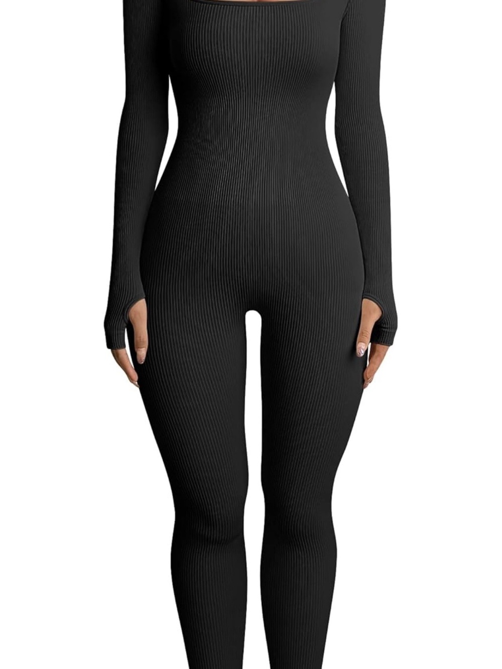 Slim Ribbed Long-Sleeve Black Jumpsuit
